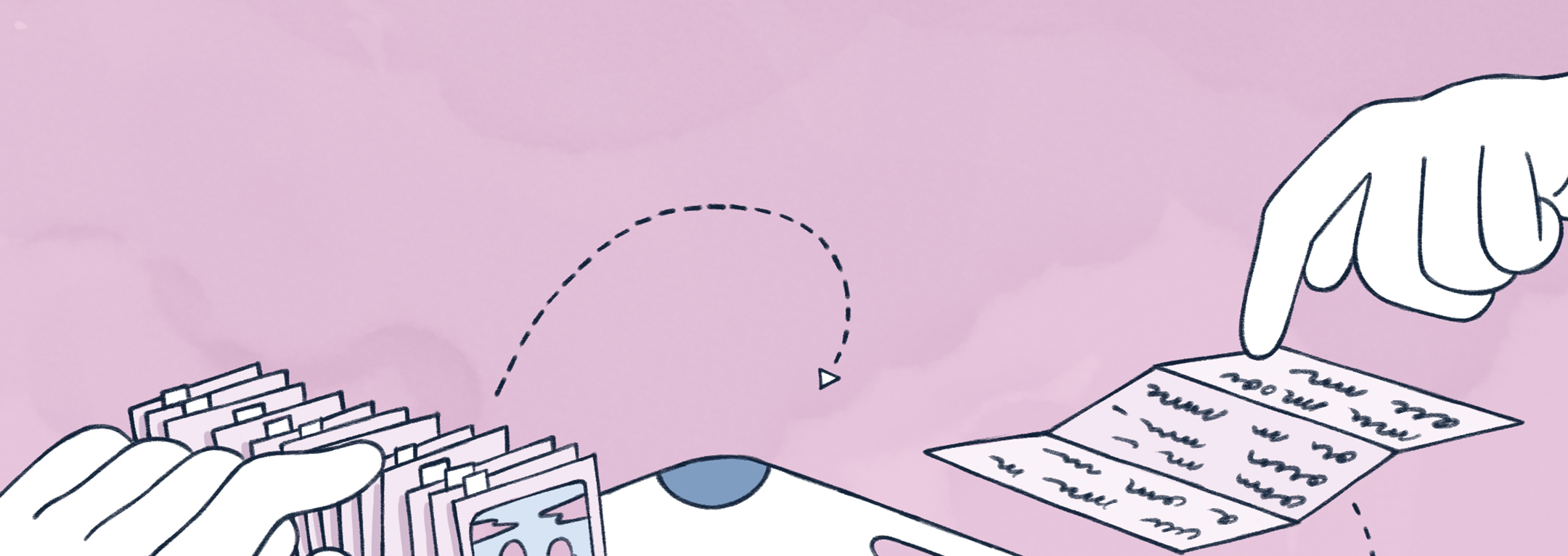 Ilustración de Simón Catalan, en la que sobre fondo rosa se puede ver un tablero con varia smanos interactuando