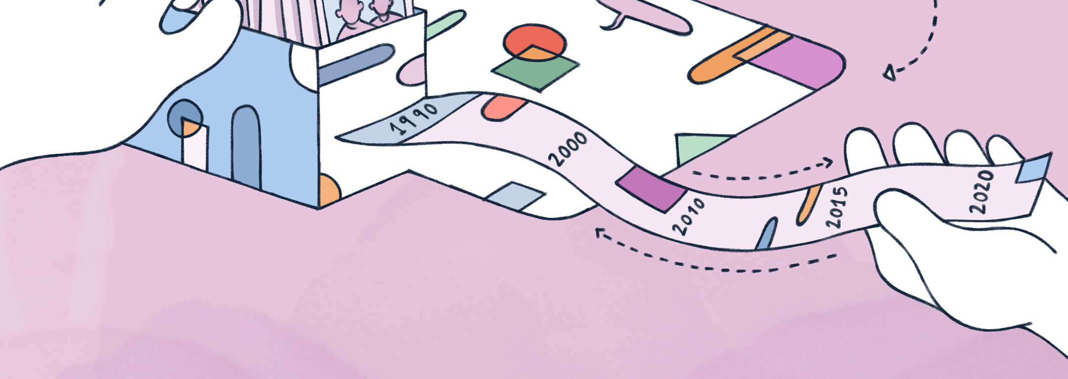 Ilustración de Simón Catalan, en la que sobre fondo rosa se puede ver un tablero con varia smanos interactuando